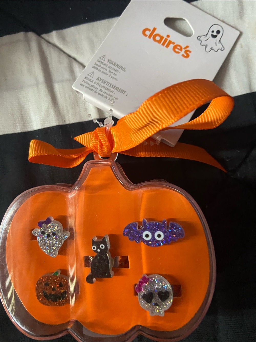 Claire's Kids Halloween Glitter Charm Ring Set in Orange, Purple, Black, Silver